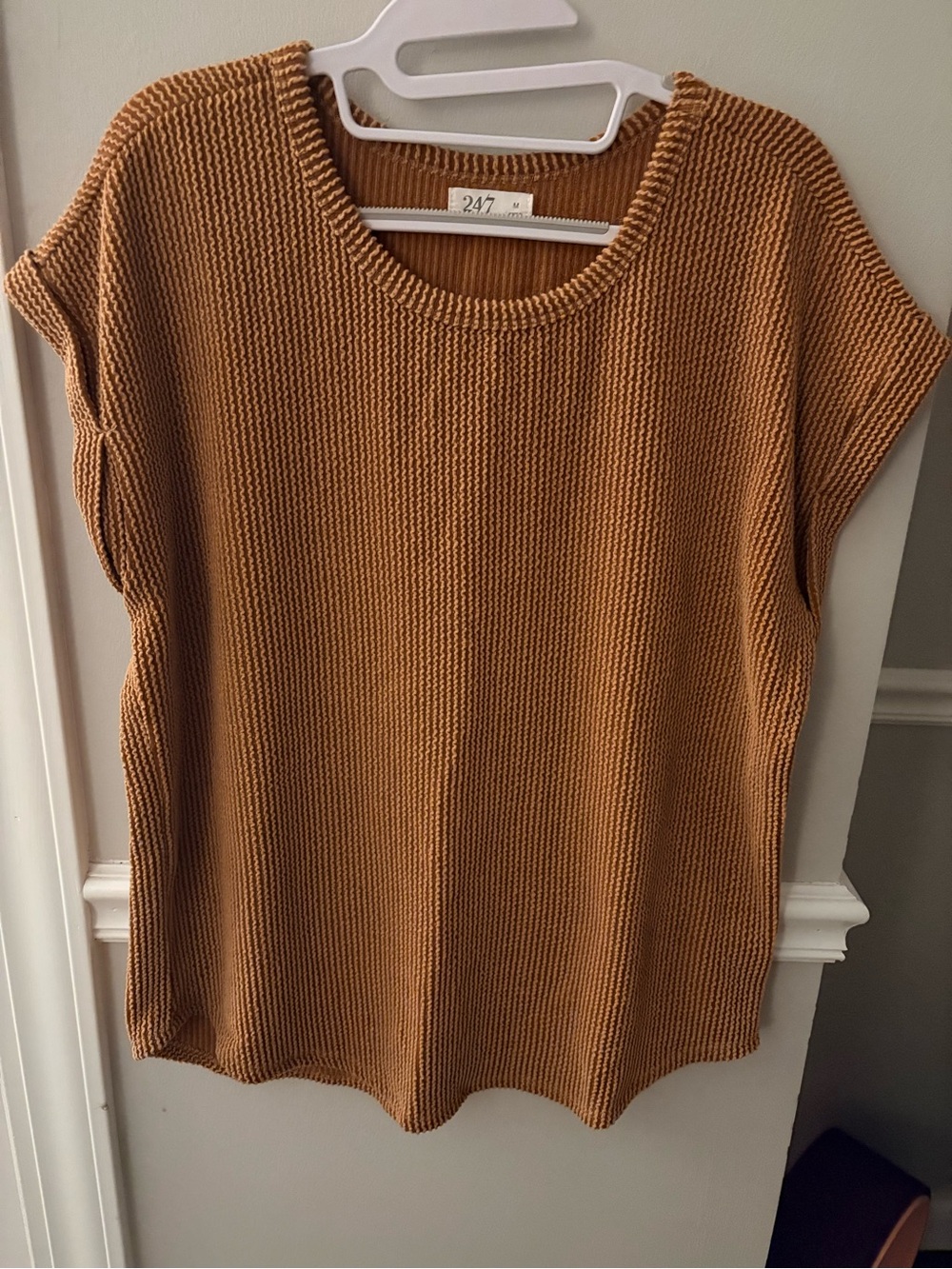 Ribbed Short-Sleeve Knit Top in Camel